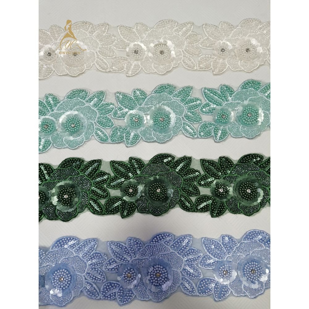 Custom Rhinestone Sequin Trim Flower Lace Polyester 3D Floral Lace Trim Embroidery Lace Trim for Clothing