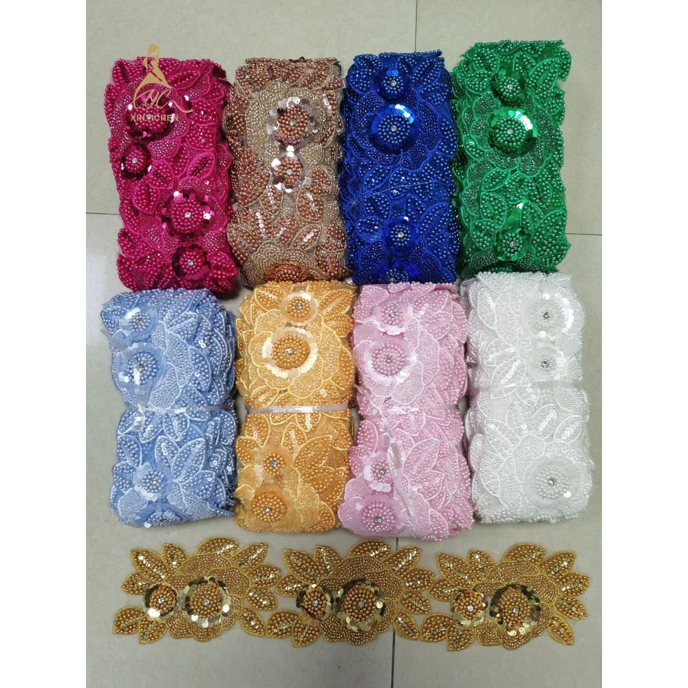Custom Rhinestone Sequin Trim Flower Lace Polyester 3D Floral Lace Trim Embroidery Lace Trim for Clothing