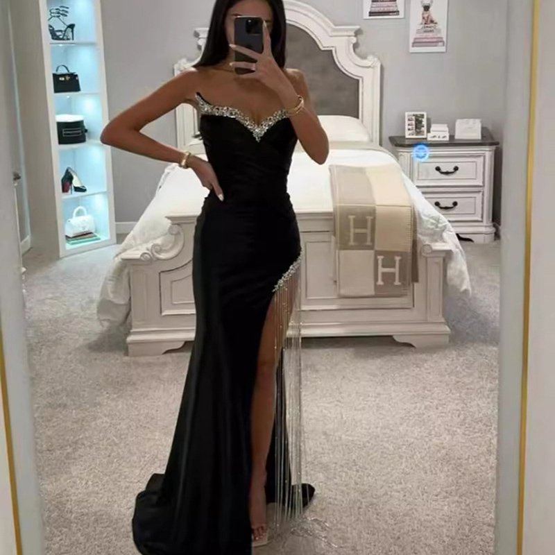 2024 New Women'S Sexy Strapless Bodycon Bandage Elegant Evening High Slit Rhinestone Fringe Dress