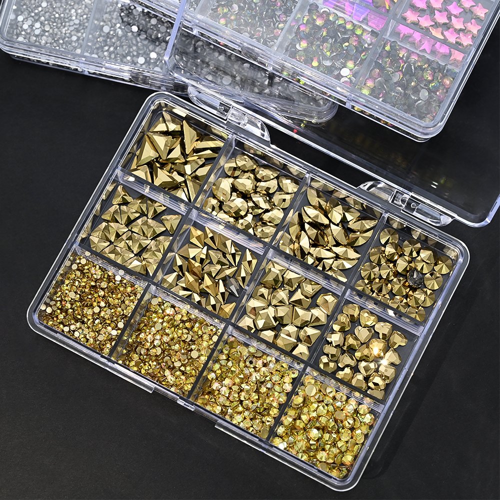 12Grids Champagne Gold Nail Rhinestone Mixed-Design Glass Crystal Diamond Flat Shiny Nail Art Charms Accessories+Wax+tweezers