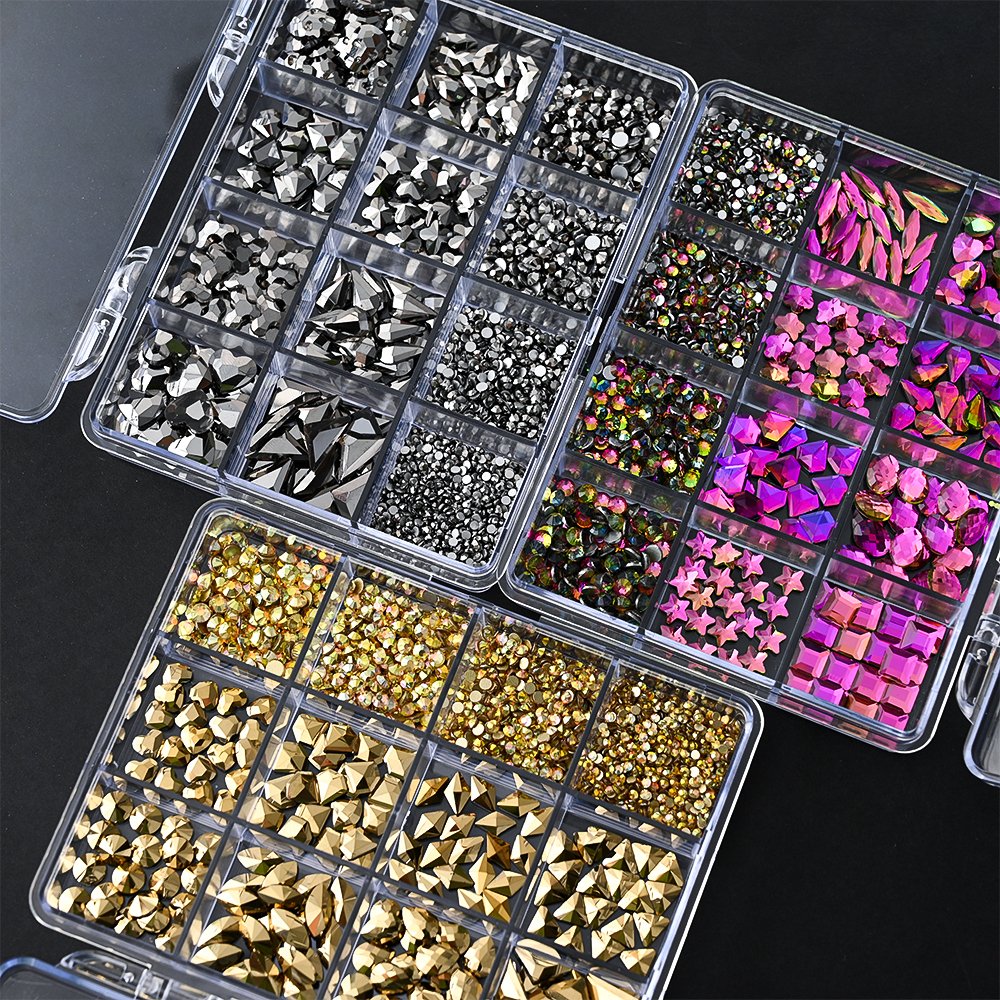 12Grids Champagne Gold Nail Rhinestone Mixed-Design Glass Crystal Diamond Flat Shiny Nail Art Charms Accessories+Wax+tweezers