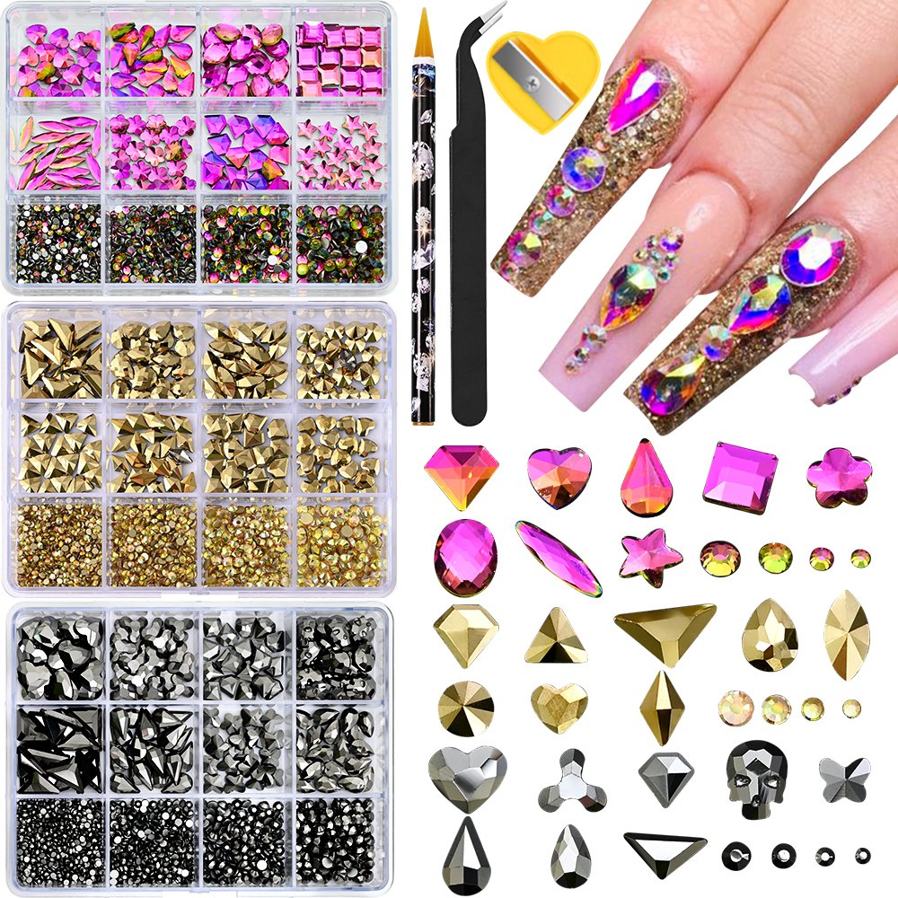 12Grids Champagne Gold Nail Rhinestone Mixed-Design Glass Crystal Diamond Flat Shiny Nail Art Charms Accessories+Wax+tweezers