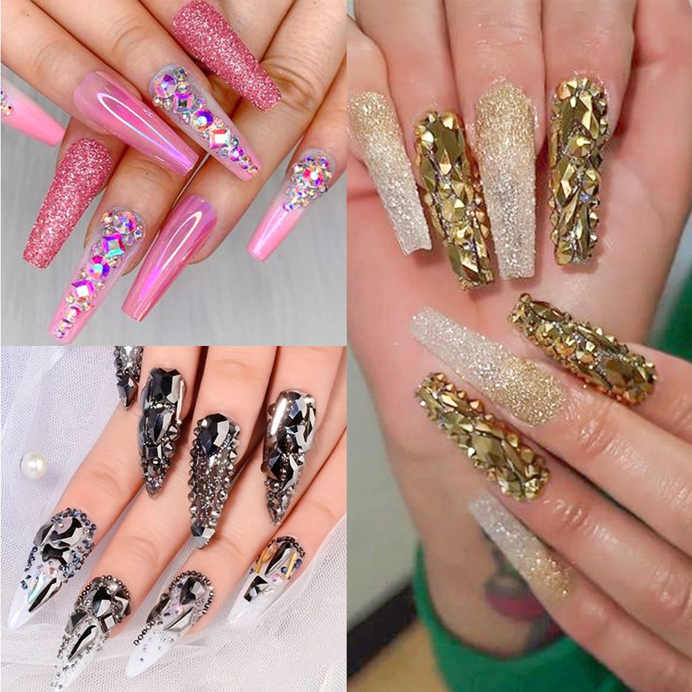 12Grids Champagne Gold Nail Rhinestone Mixed-Design Glass Crystal Diamond Flat Shiny Nail Art Charms Accessories+Wax+tweezers