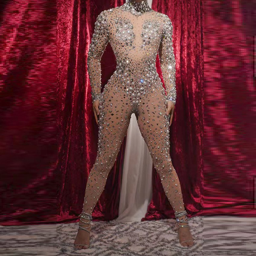 Rhinestone Pearl Performance Event Clothes Jumpsuit New Jumpsuit Women Club Party Bar Sexy Fashion Dress