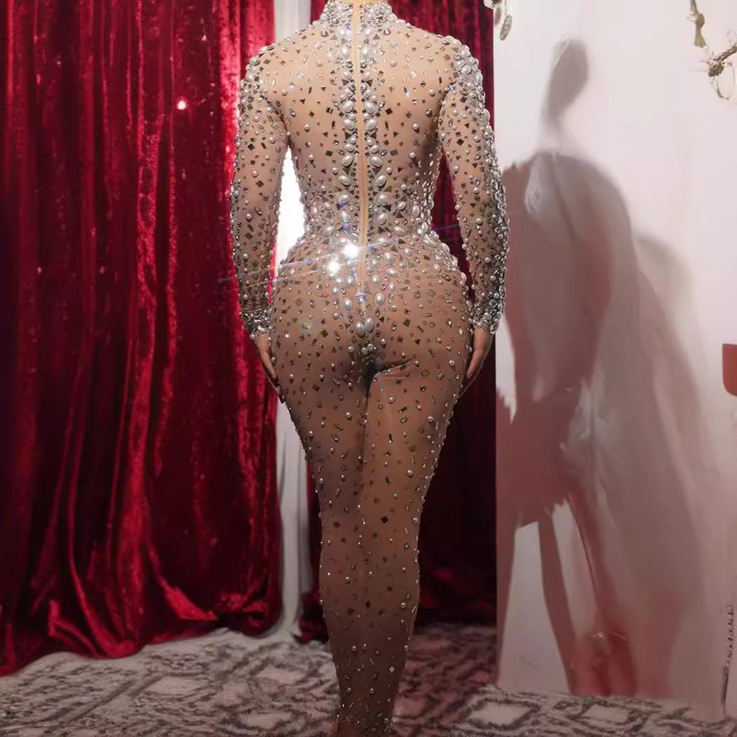 Rhinestone Pearl Performance Event Clothes Jumpsuit New Jumpsuit Women Club Party Bar Sexy Fashion Dress