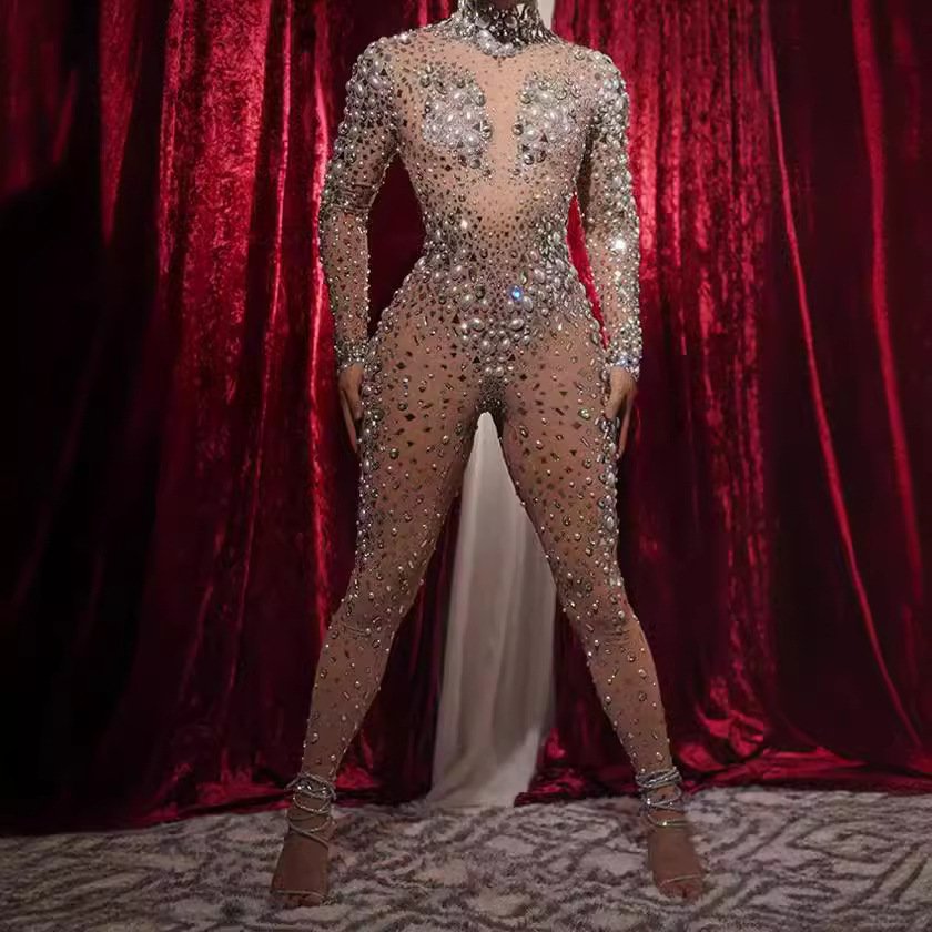 Rhinestone Pearl Performance Event Clothes Jumpsuit New Jumpsuit Women Club Party Bar Sexy Fashion Dress