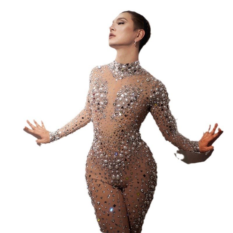 Rhinestone Pearl Performance Event Clothes Jumpsuit New Jumpsuit Women Club Party Bar Sexy Fashion Dress