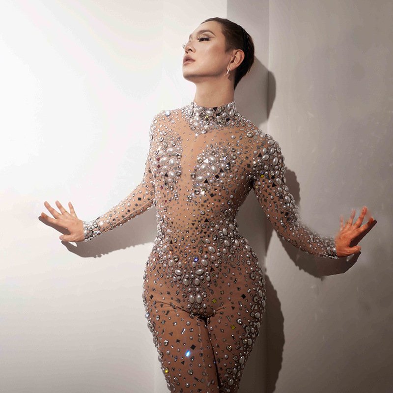 Rhinestone Pearl Performance Event Clothes Jumpsuit New Jumpsuit Women Club Party Bar Sexy Fashion Dress