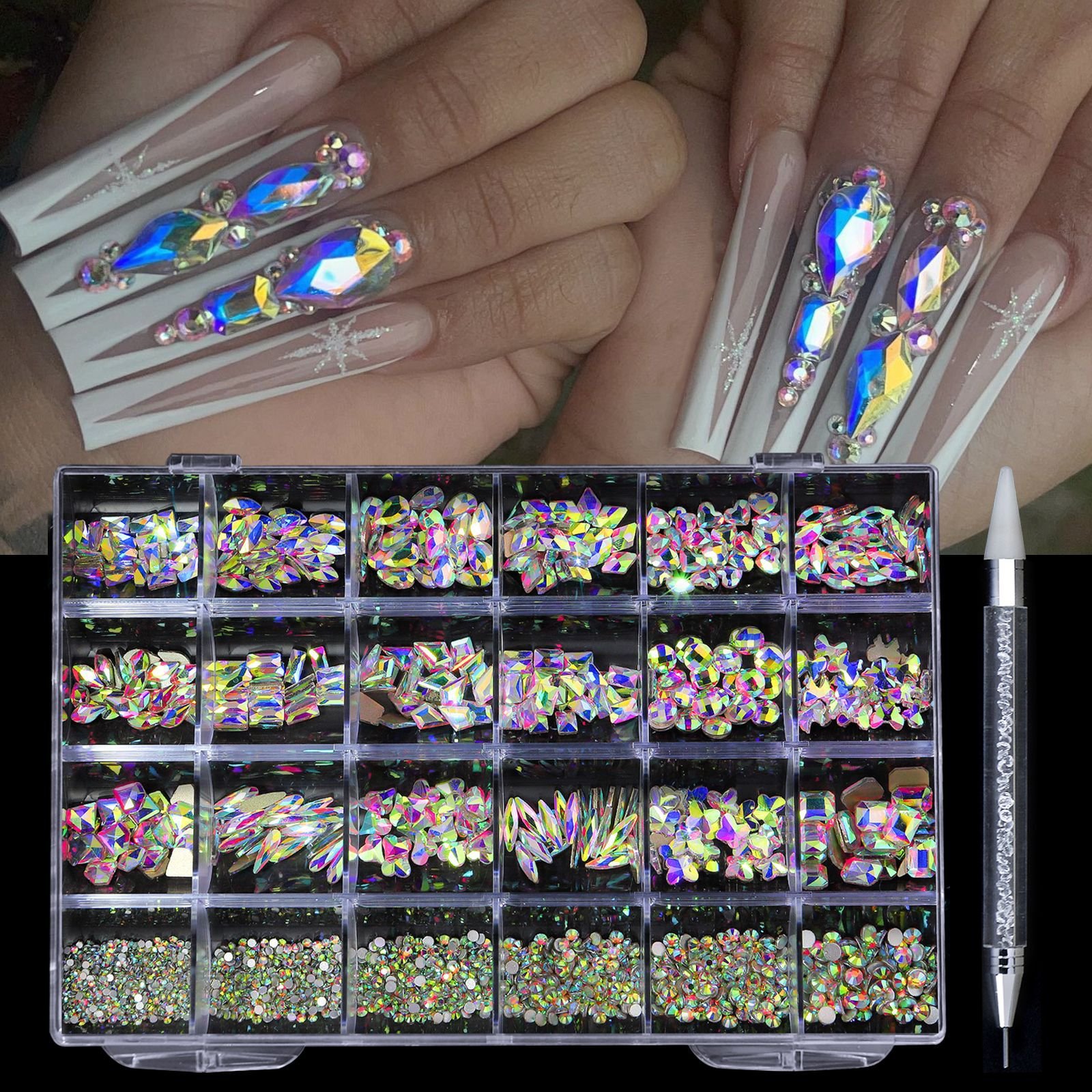 MIUKIULA Crystal Ab Rainbow Nail Art Mix Shape Fancy Shaped In Box Flat Bottom Glass Nail Diamond Rhinestone