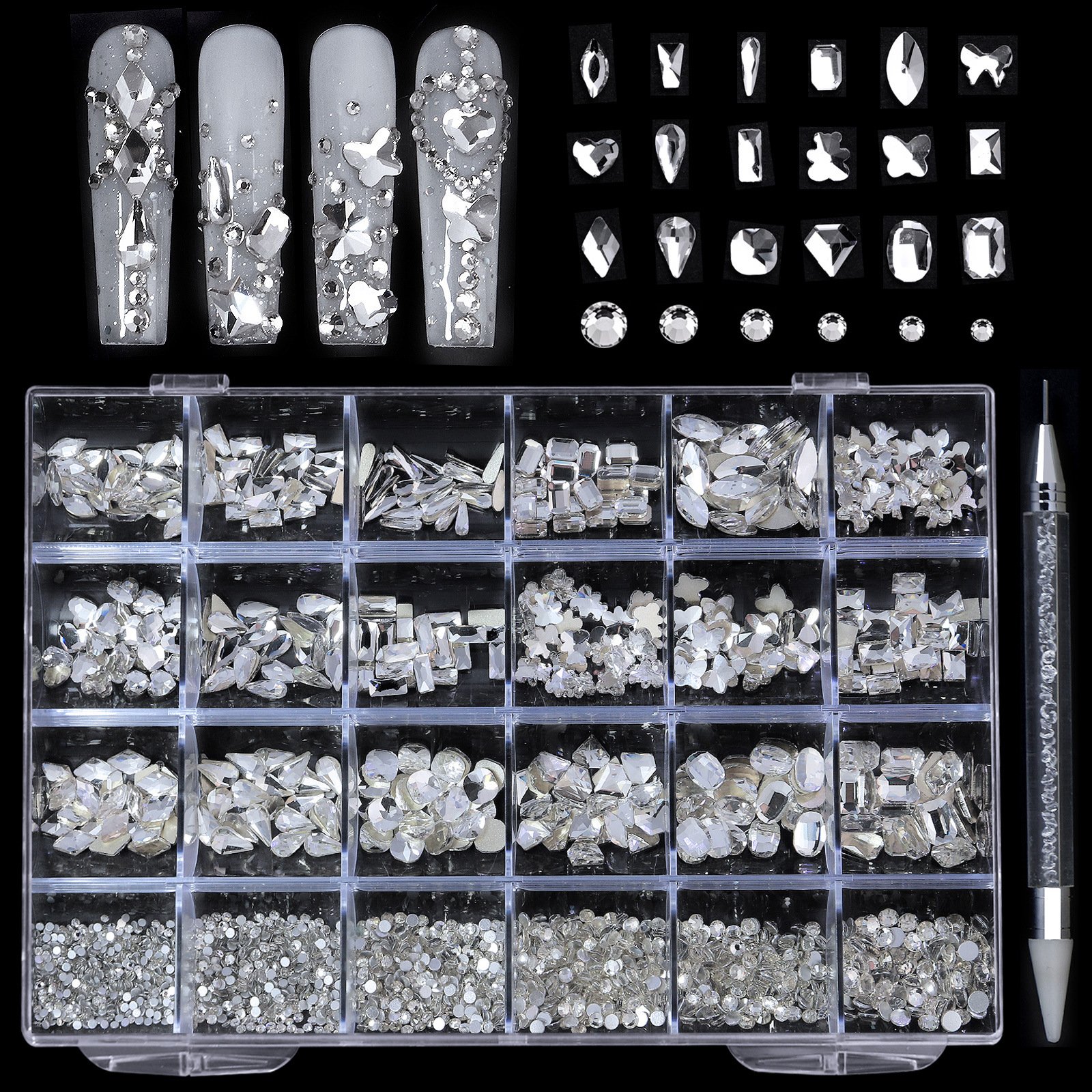 MIUKIULA Crystal Ab Rainbow Nail Art Mix Shape Fancy Shaped In Box Flat Bottom Glass Nail Diamond Rhinestone