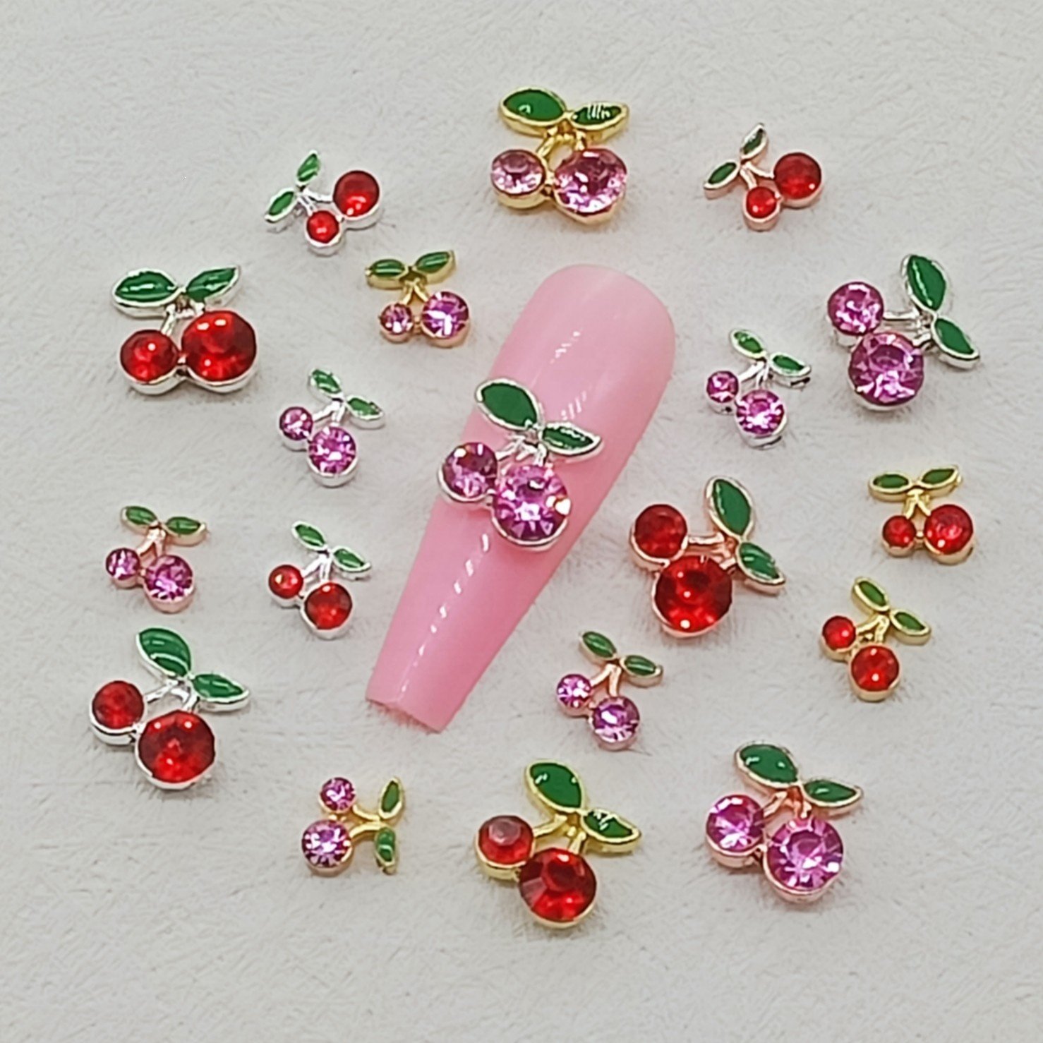 Qianya 2023 Nail art Charm 3D Nail Art Decoration Metal Cherry Shape Glitter Rhinestones Nails Charms Diamond for Manicure Decal