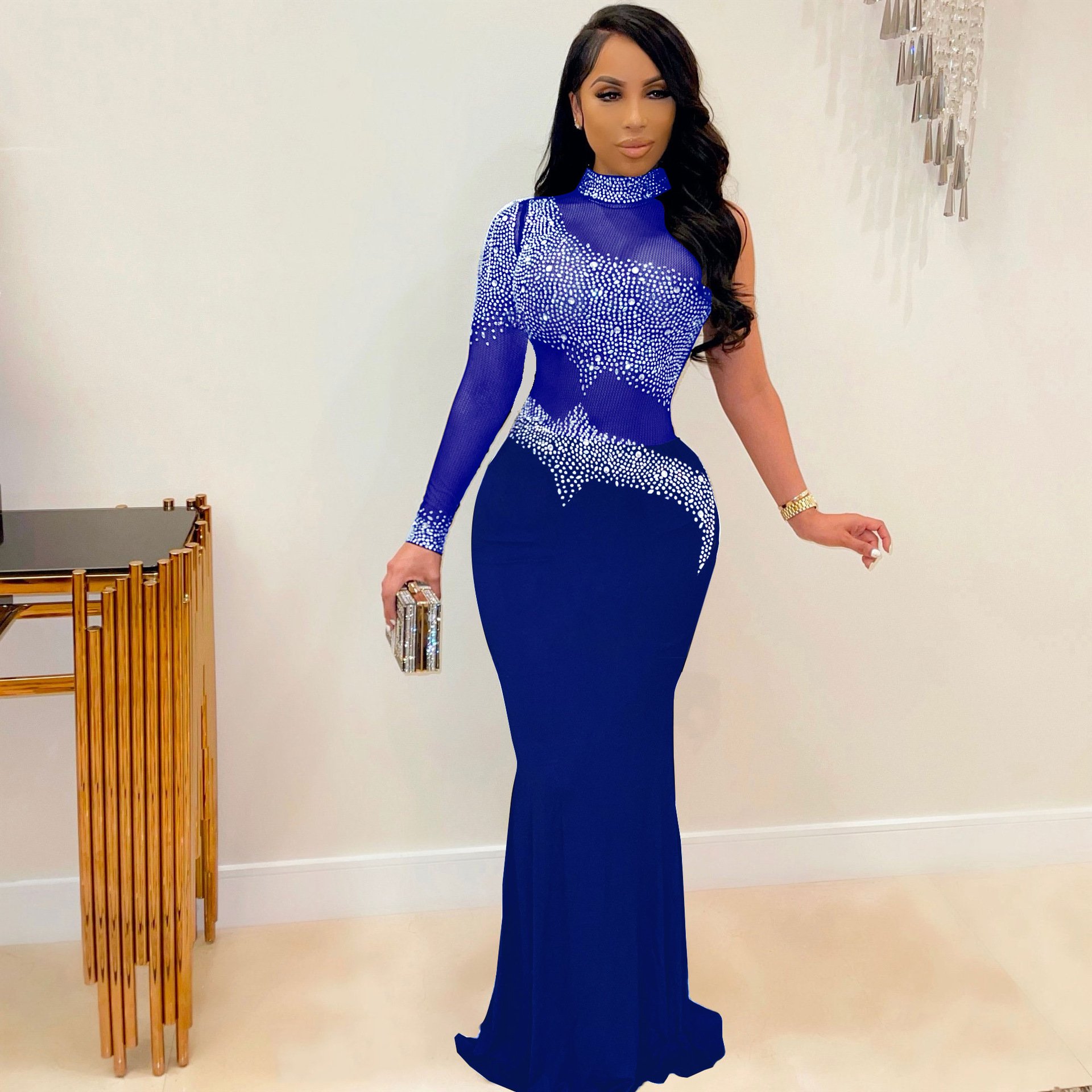 VK2225 Plus Size 5XL Women's Dresses Rhinestone Sexy Mesh Long Dress Luxury Party Wear Cheap Elegant Bodycon Evening Dresses