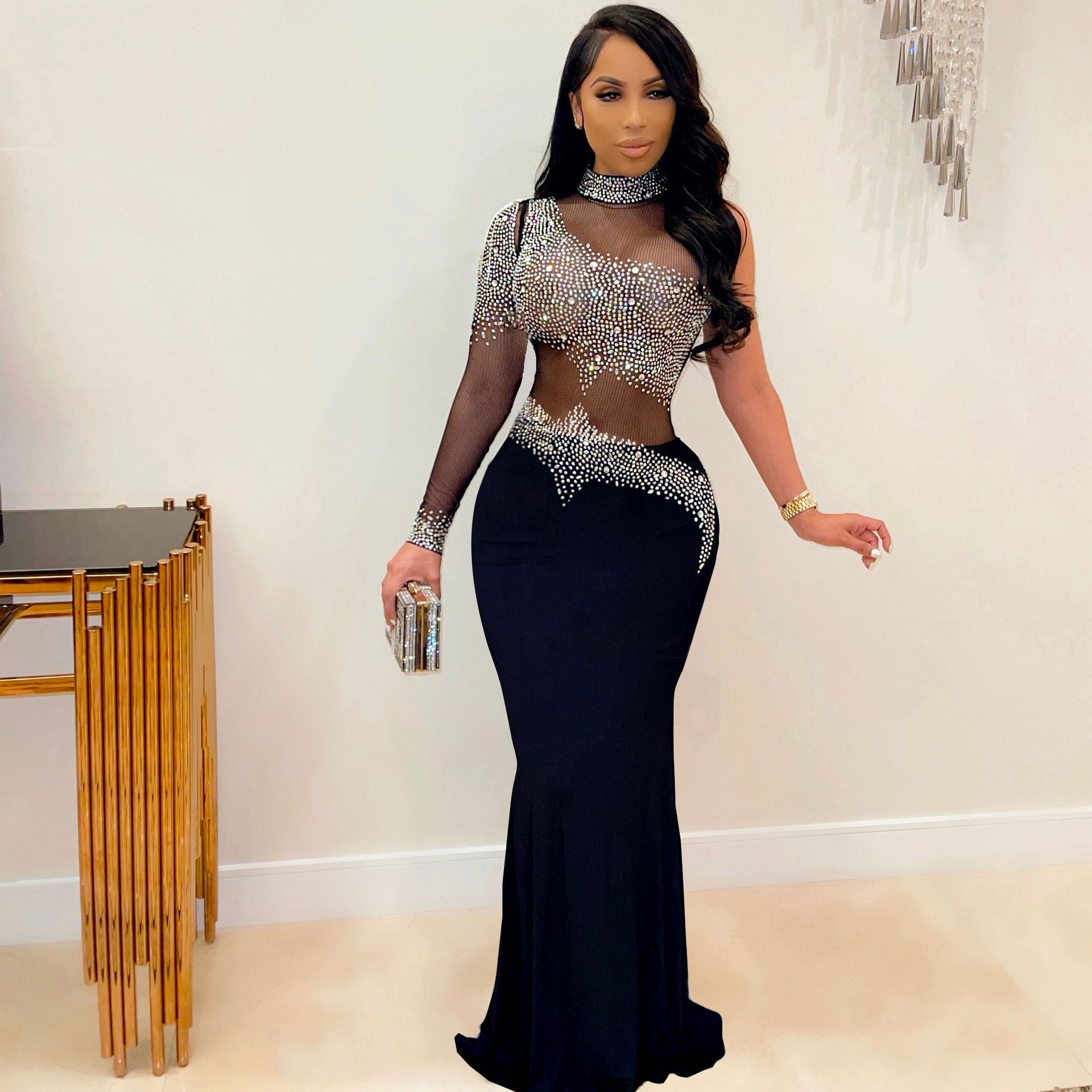 VK2225 Plus Size 5XL Women's Dresses Rhinestone Sexy Mesh Long Dress Luxury Party Wear Cheap Elegant Bodycon Evening Dresses
