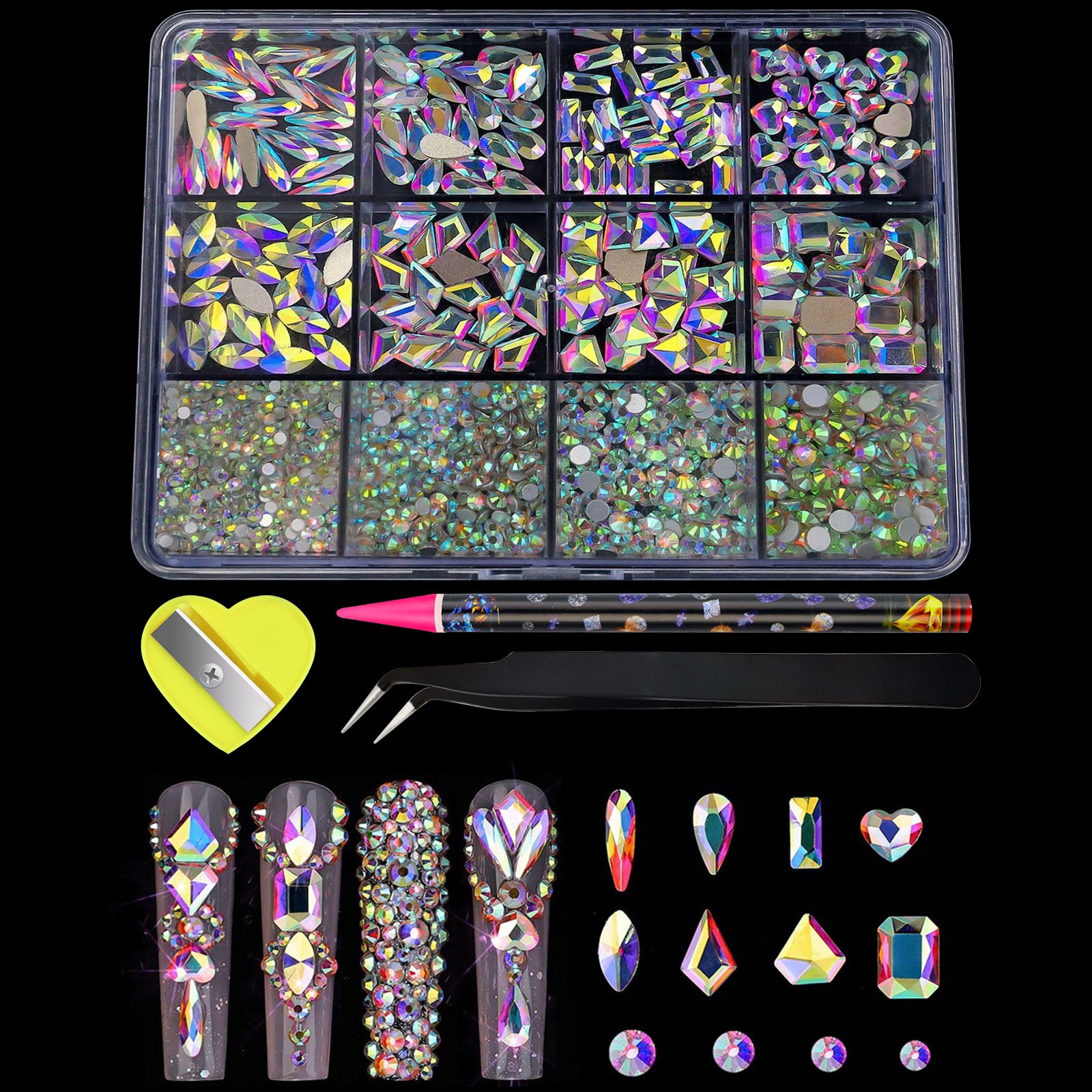 12Grids Flat Back Round Bead Charm Gem Stone Jewelry Diamond Crystal Nail Art Rhinestones Kit with Dotting pen Tweezer