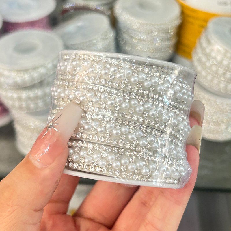 3mm Pearl Trim Rhinestone Applique Ribbon Self Adhesive Pearl Strip For Dress Belt Decoration Clothing Accessories