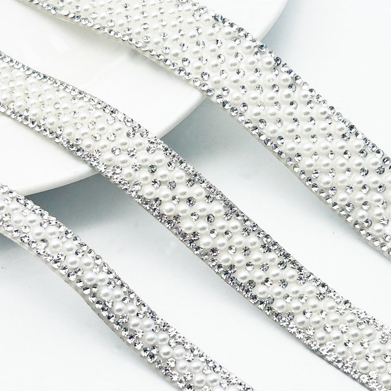 3mm Pearl Trim Rhinestone Applique Ribbon Self Adhesive Pearl Strip For Dress Belt Decoration Clothing Accessories