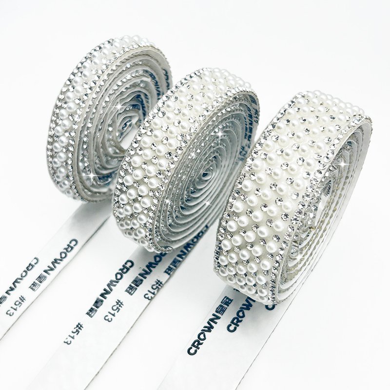 3mm Pearl Trim Rhinestone Applique Ribbon Self Adhesive Pearl Strip For Dress Belt Decoration Clothing Accessories
