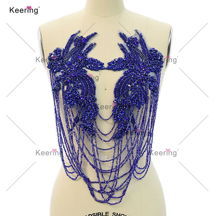 WDP-297 Keering Glass Tassel Hot Sale Custom Design Crystals Handmade Beads Fringe Rhinestones Body Applique Red