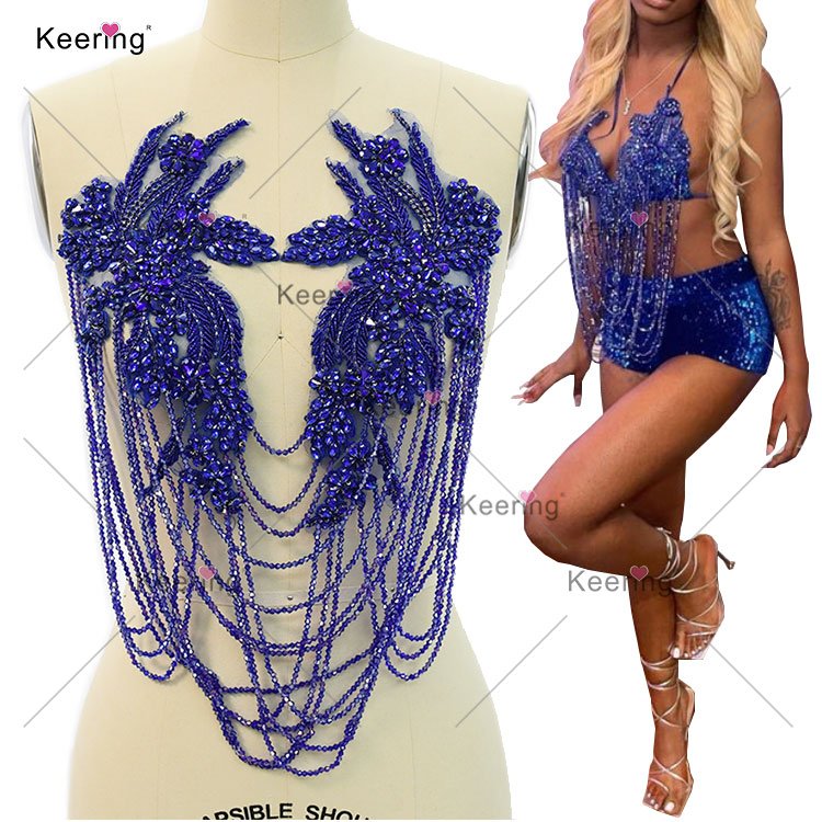 WDP-297 Keering Glass Tassel Hot Sale Custom Design Crystals Handmade Beads Fringe Rhinestones Body Applique Red