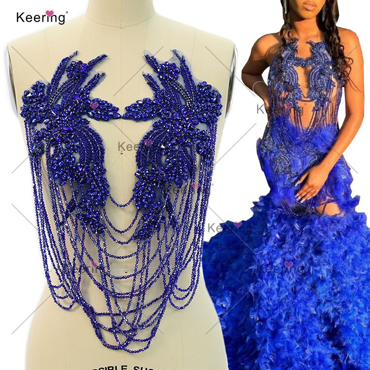 WDP-297 Keering Glass Tassel Hot Sale Custom Design Crystals Handmade Beads Fringe Rhinestones Body Applique Red