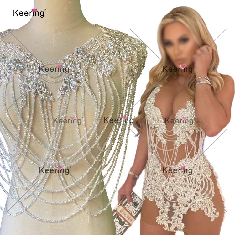 WDP-297 Keering Glass Tassel Hot Sale Custom Design Crystals Handmade Beads Fringe Rhinestones Body Applique Red