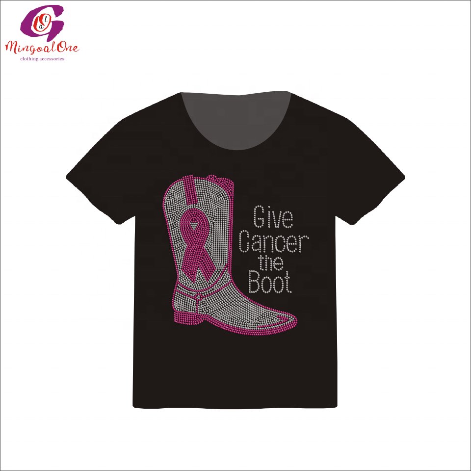 Good Quality Custom Pink Ribbon Rhinestone Heat Transfer Bling Fight Like Girl Cancer Ribbon Hot Fix Rhinestone Transfer