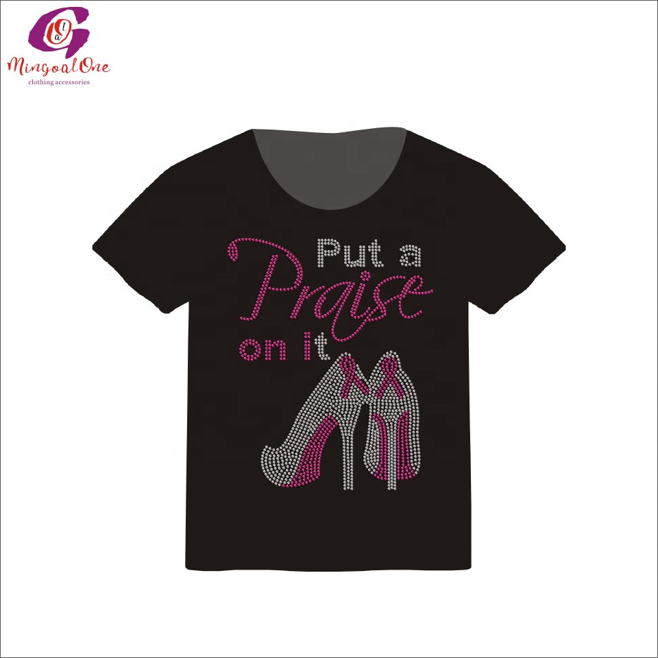 Good Quality Custom Pink Ribbon Rhinestone Heat Transfer Bling Fight Like Girl Cancer Ribbon Hot Fix Rhinestone Transfer