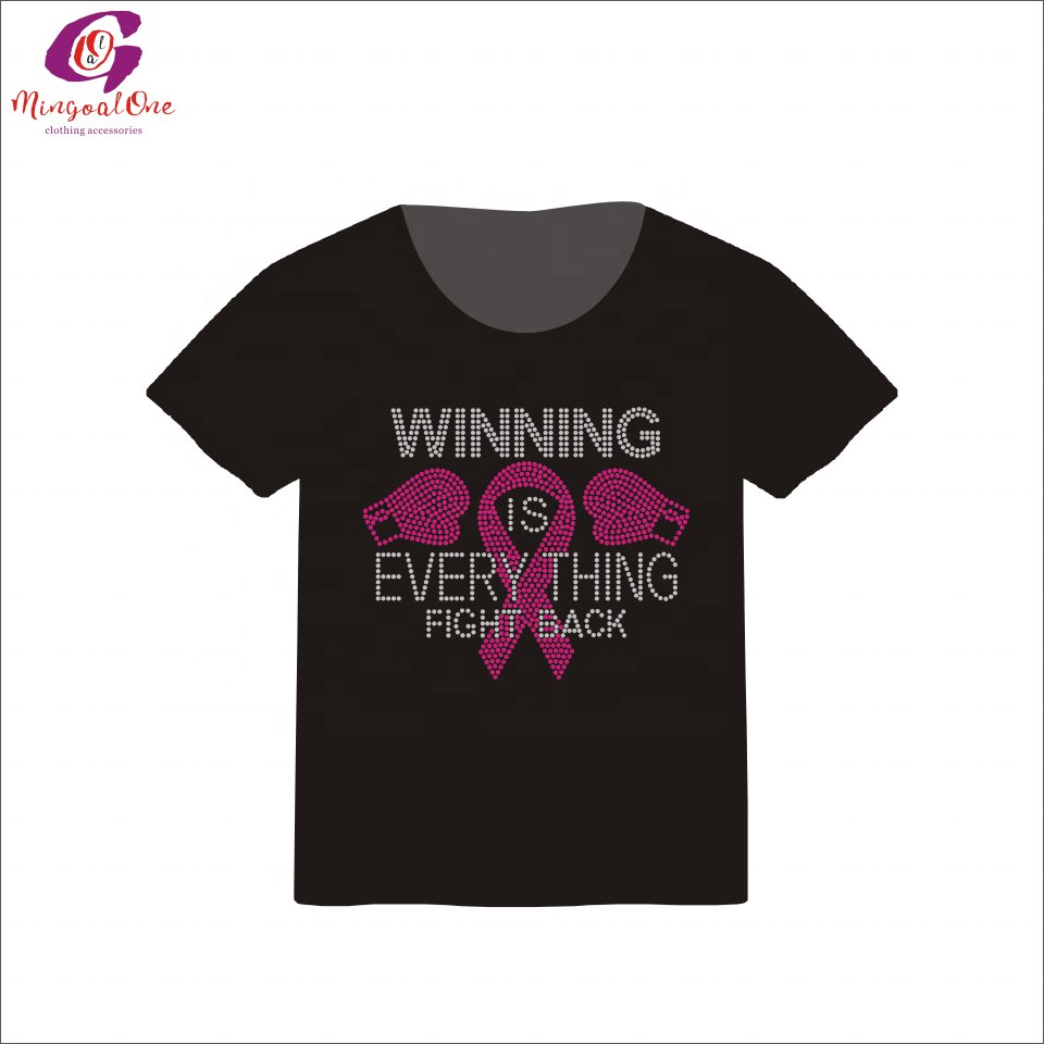 Good Quality Custom Pink Ribbon Rhinestone Heat Transfer Bling Fight Like Girl Cancer Ribbon Hot Fix Rhinestone Transfer