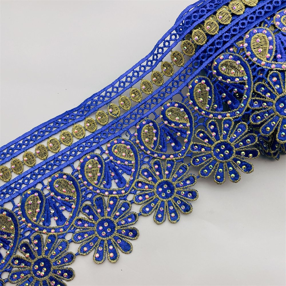 Many colors African lace trim with rhinestone Metallic Embroidered Motif Lace Nigeria Venice Trim Wide 12CM