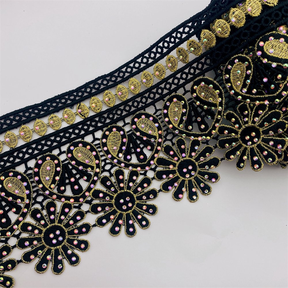 Many colors African lace trim with rhinestone Metallic Embroidered Motif Lace Nigeria Venice Trim Wide 12CM