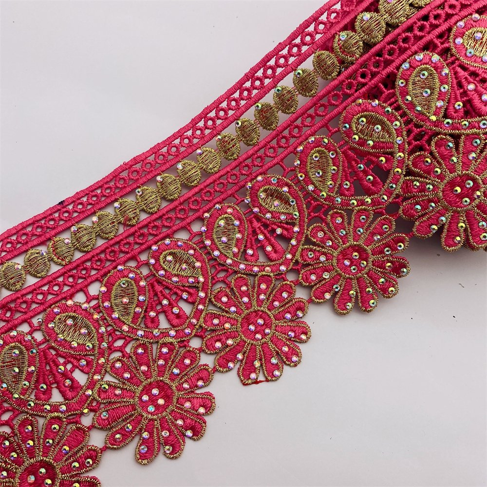 Many colors African lace trim with rhinestone Metallic Embroidered Motif Lace Nigeria Venice Trim Wide 12CM