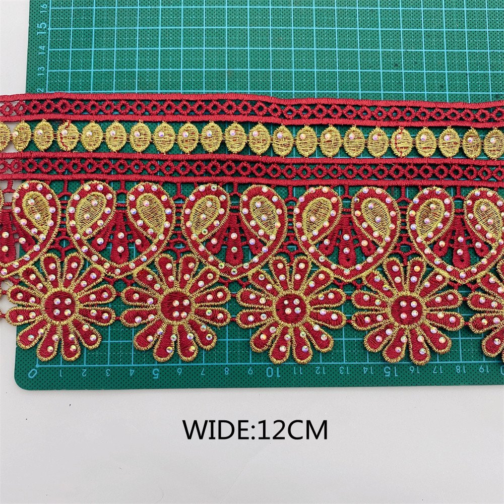 Many colors African lace trim with rhinestone Metallic Embroidered Motif Lace Nigeria Venice Trim Wide 12CM