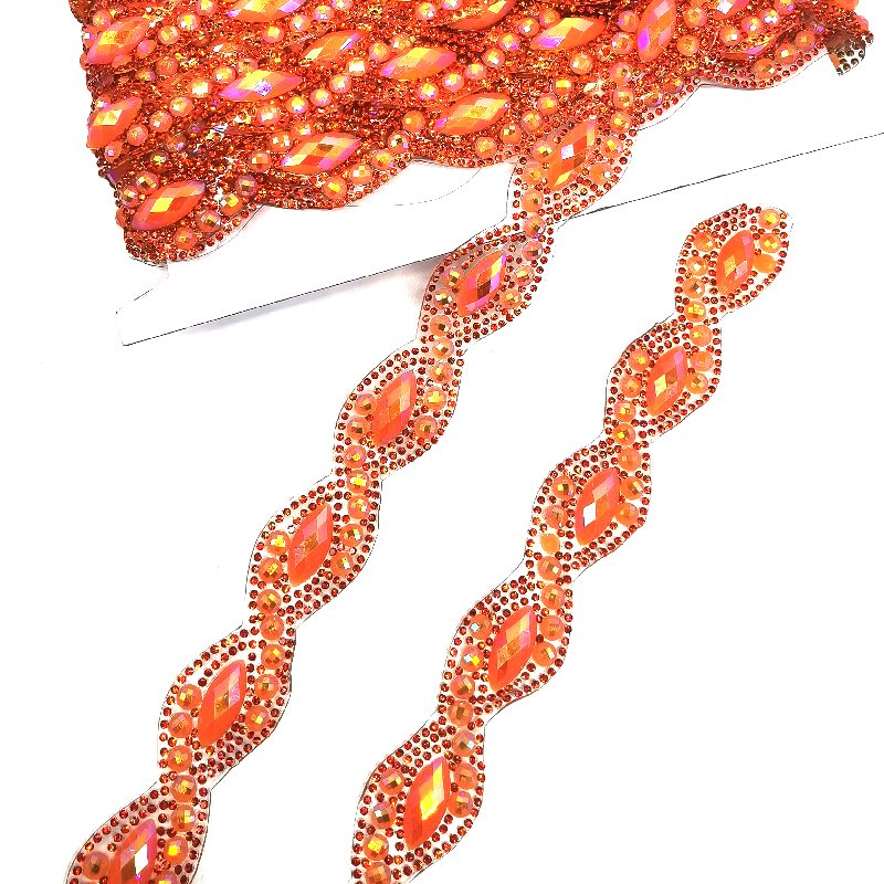 Carnival Accessories supply iron on orange AB rhinestone trims for carnival women clothing rhinestone dance appliques trims