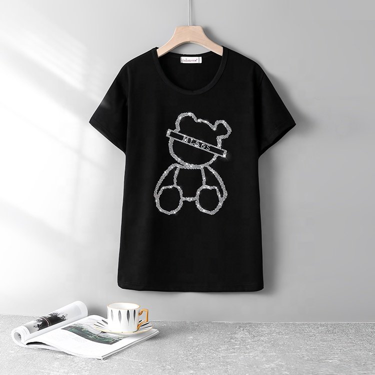 USA American Big Cute Cartoon Bear Bling Rhinestone Most Popular Hot Fix Iron on Rhinestone Transfer Motifs For Women T-shirt