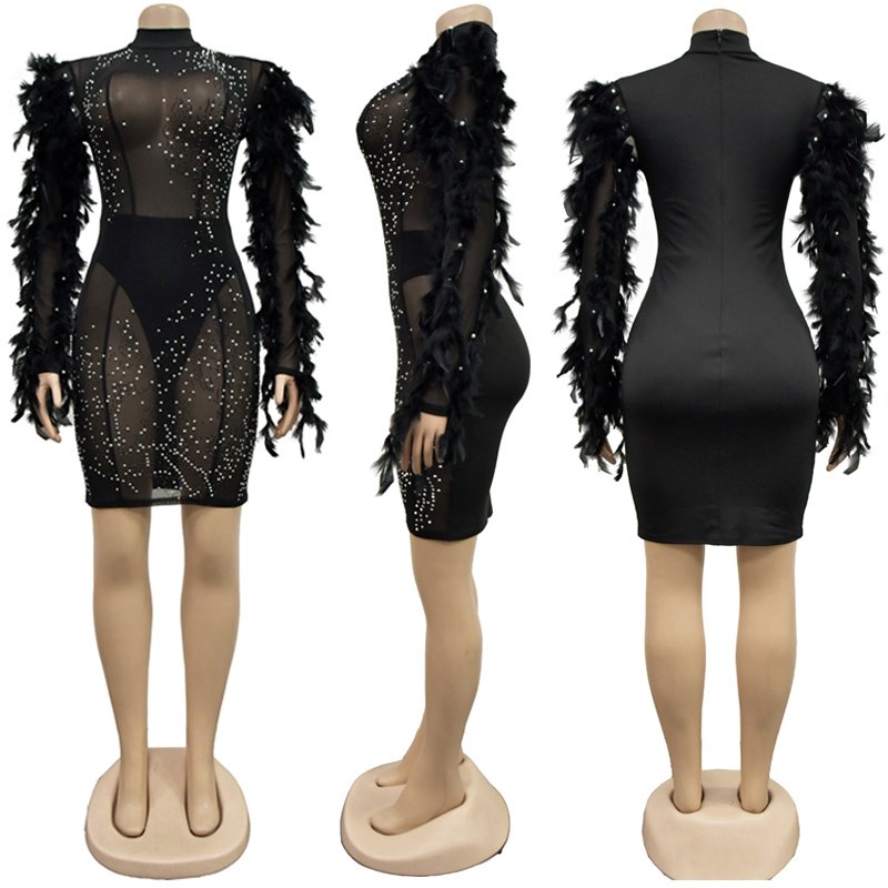 CX6802 Wholesale Women Clothing Mesh Feather Sleeve Bodycon Rhinestones Club Night Dresses
