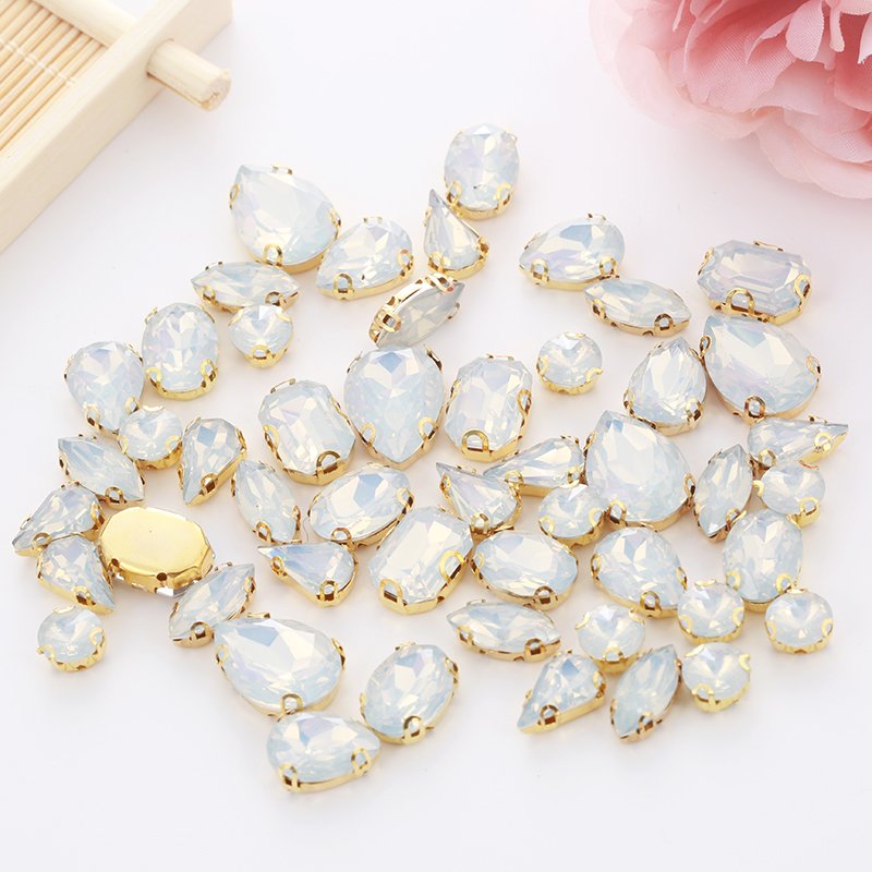 Wholesale Mixed Shape 50pcs White Opal Rhinestones With Gold Claw Flatback Sewing Craft Accessories Resin Rhinestones With Holes