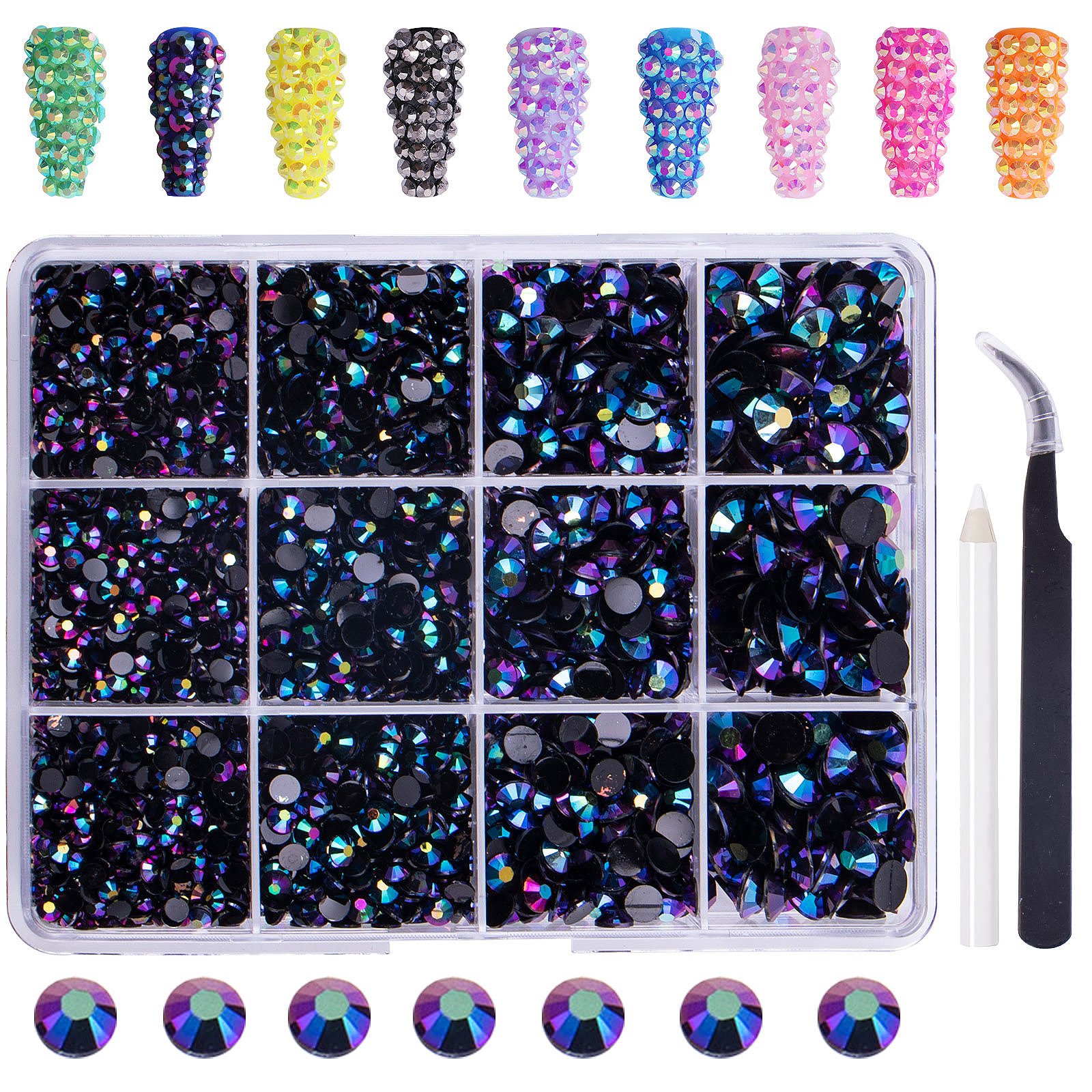 C310 SAFENG 12 Grids Non Hotfix Resin Rhinestone Kit Flat Back Jelly Nail Rhinestone Colorful Stone Nail Charms