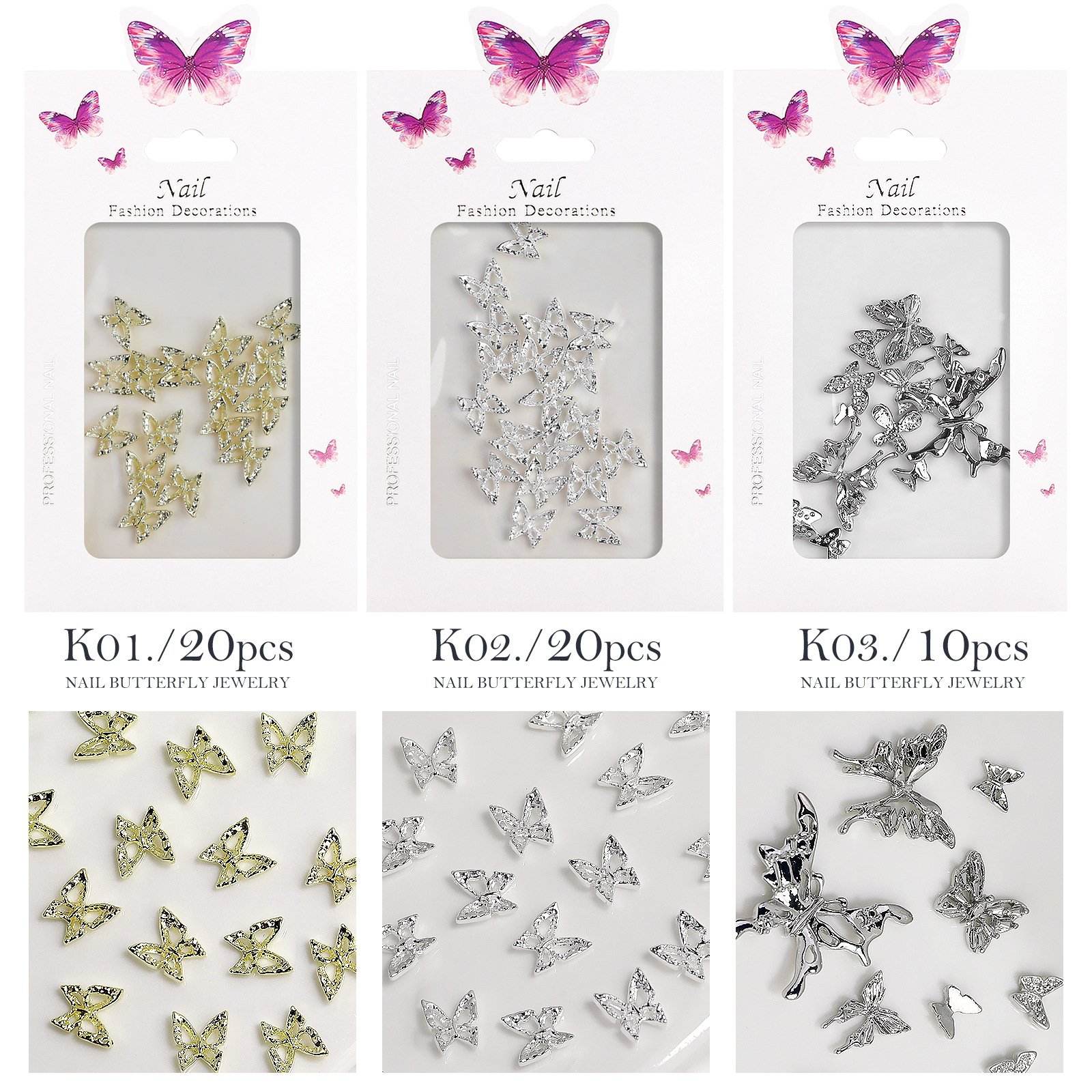 20 pieces Set Silver Alloy Jewelry Metal Accessories Studs 3D Butterfly nail Charm rhinestone