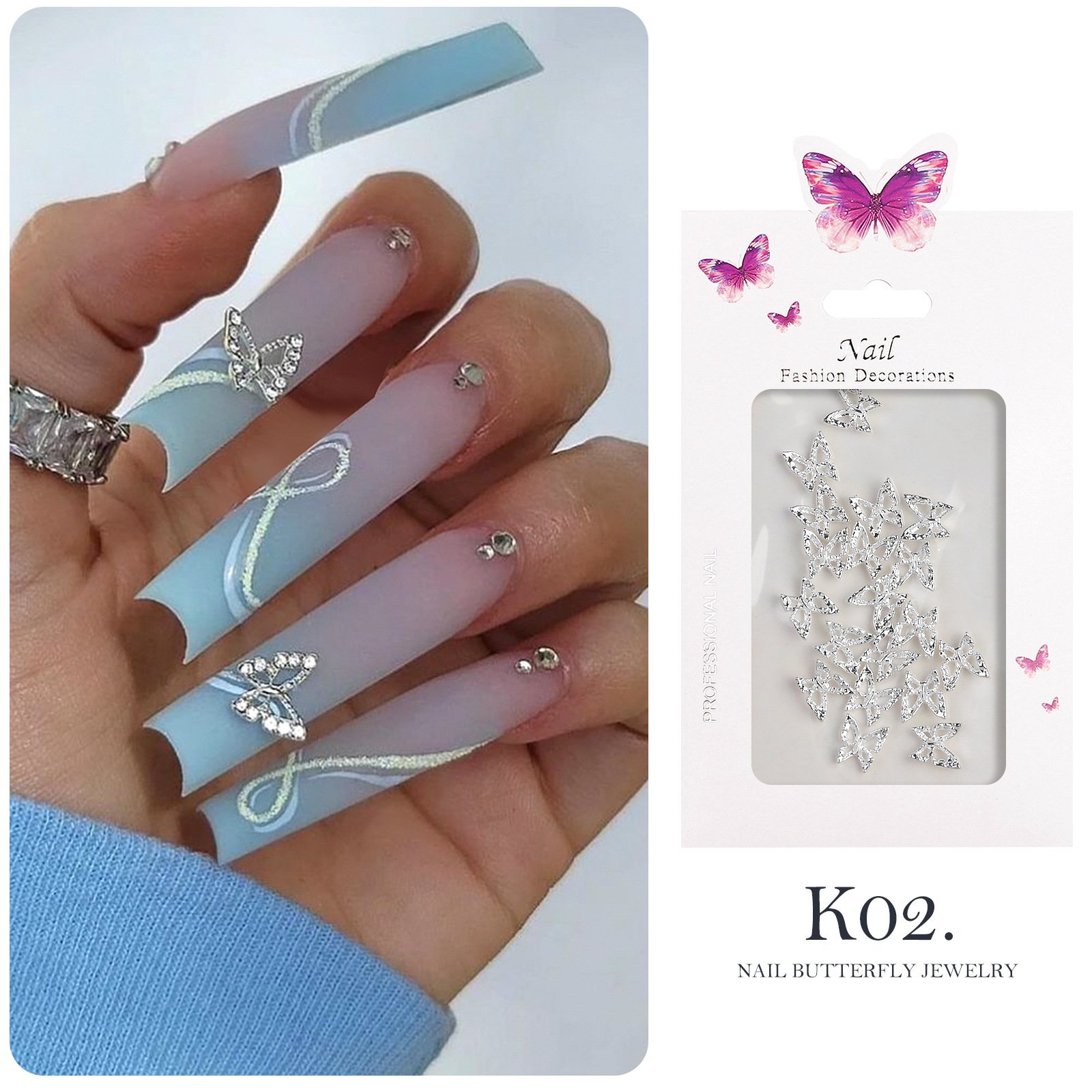 20 pieces Set Silver Alloy Jewelry Metal Accessories Studs 3D Butterfly nail Charm rhinestone