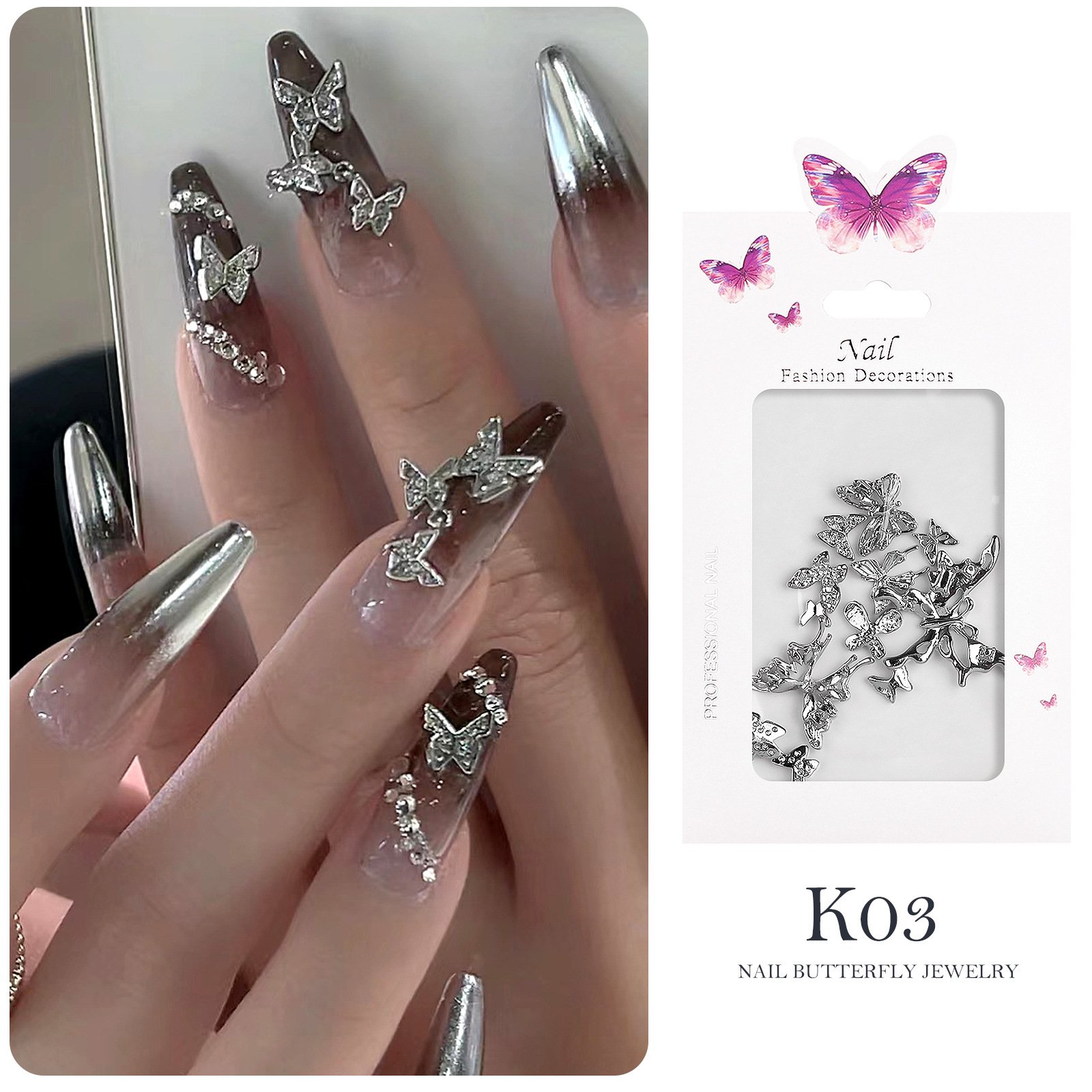 20 pieces Set Silver Alloy Jewelry Metal Accessories Studs 3D Butterfly nail Charm rhinestone