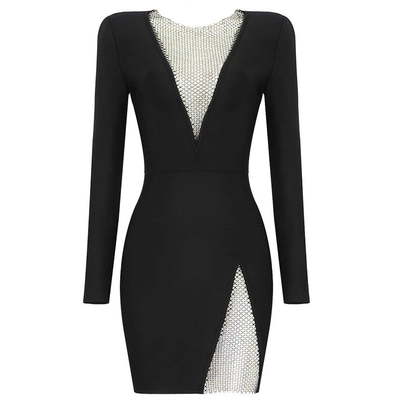 Liu Ming Luxury Fashionable Women Sexy Long Sleeve Rhinestone Club Party Elegant Evening Short Dress