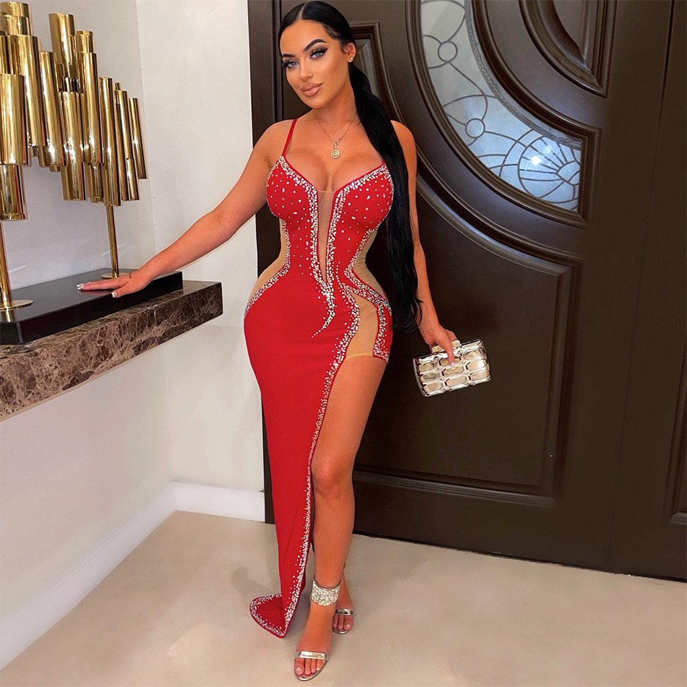 BH996 Hot drill sexy halter mesh see through long club dress with rhinestone