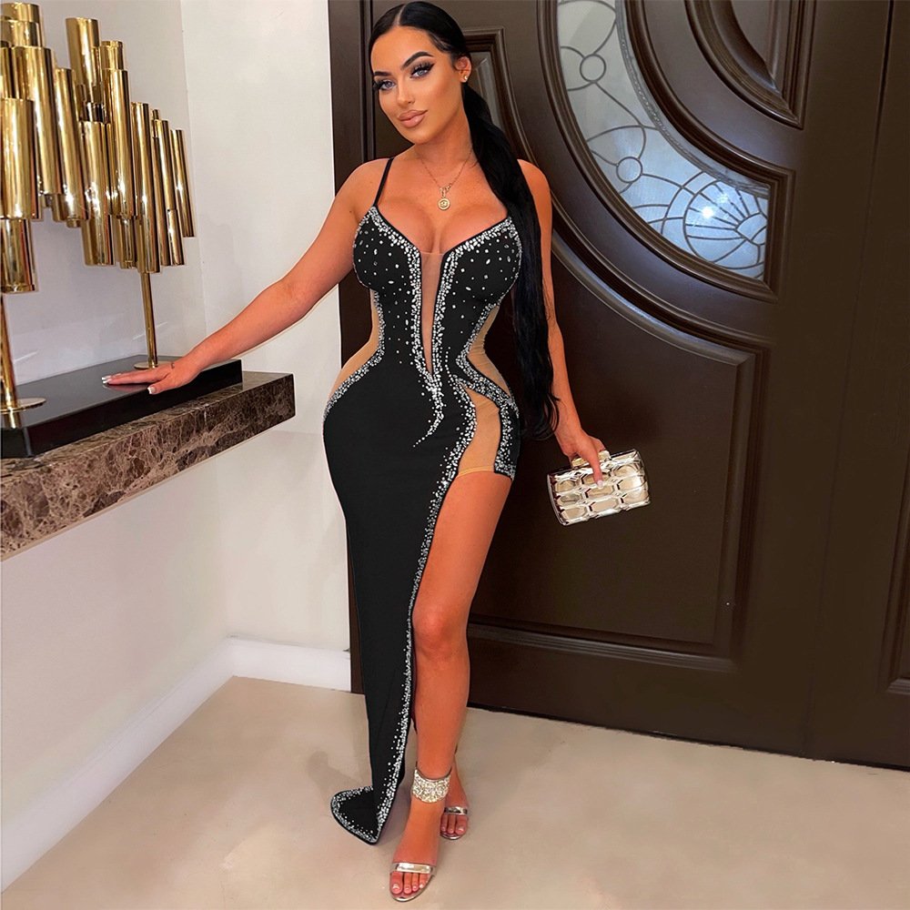 BH996 Hot drill sexy halter mesh see through long club dress with rhinestone