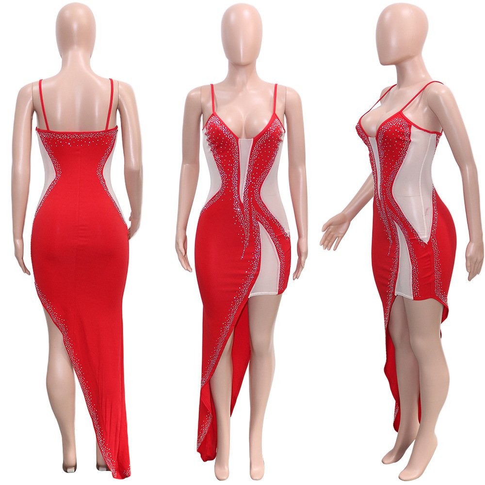 BH996 Hot drill sexy halter mesh see through long club dress with rhinestone