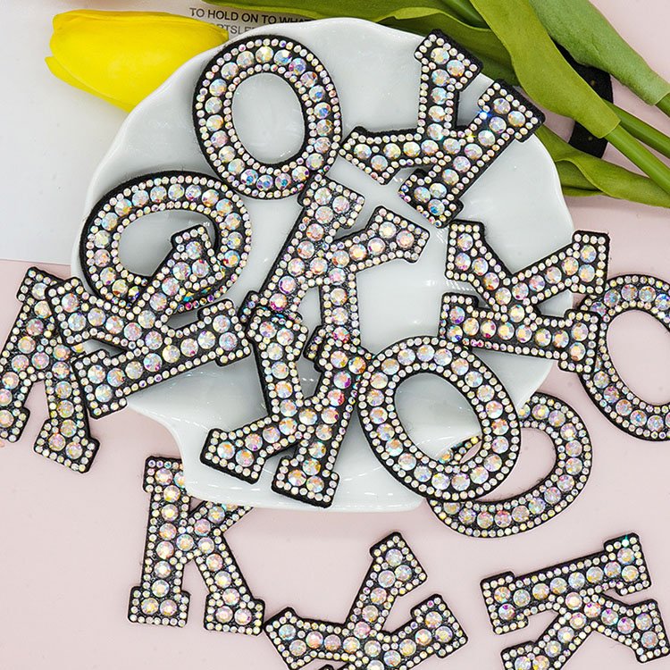 26 Letters Rhinestone Iron On Patch A-Z Black Bling Rhinestone Letter Patches Glitter Alphabet Applique for DIY Craft Supplies