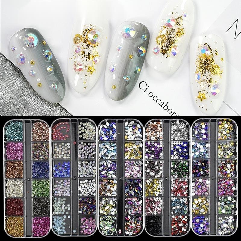 12 Grid Flat Back Diamond Crystals Stone Nail Art Rhinestones Kit Press on Nails Set
