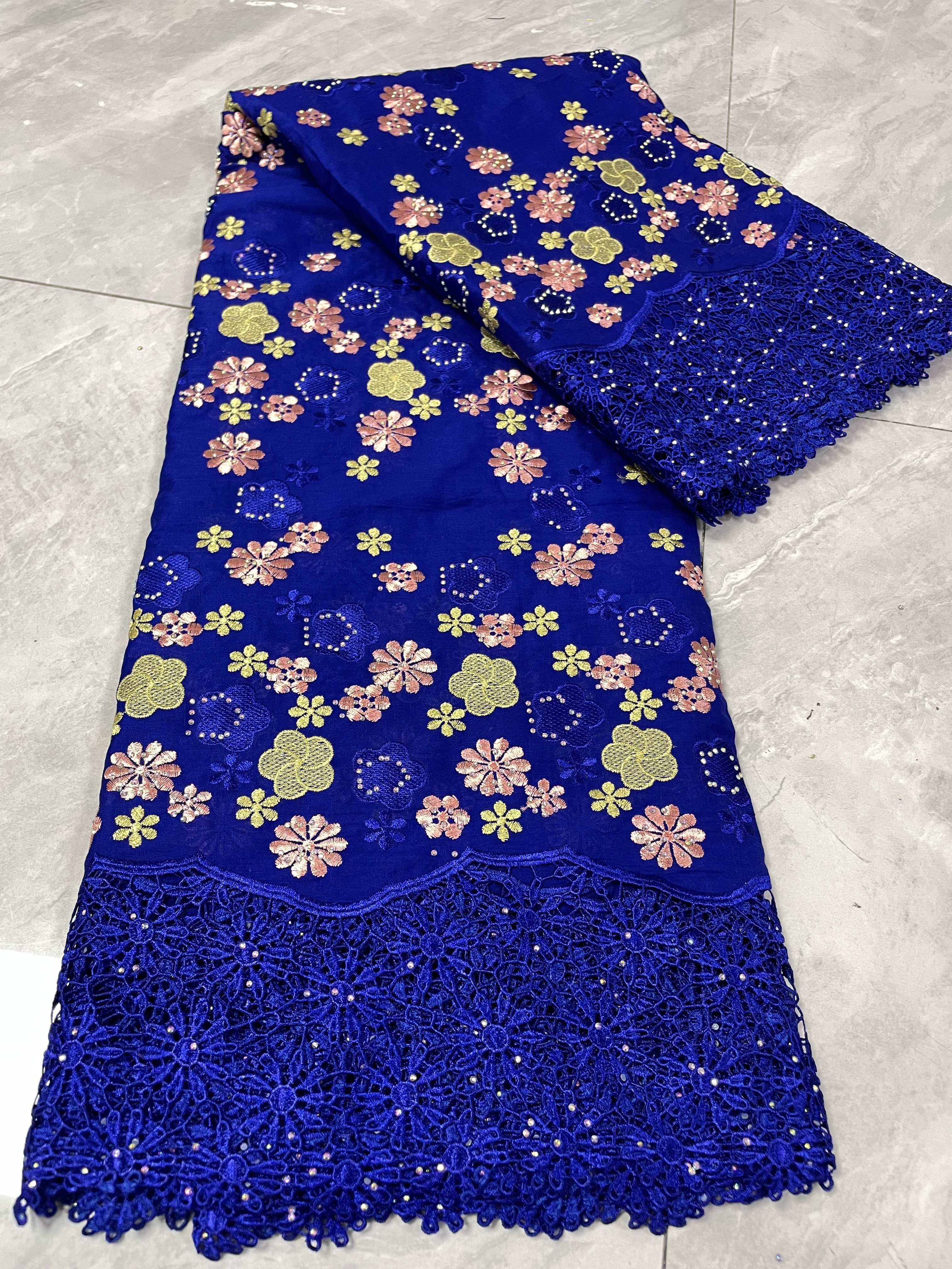 Cotton Lace With Rhinestones High quality 100% Voile Cotton Lace embroidered lace African Senegal Clothing Fabrics