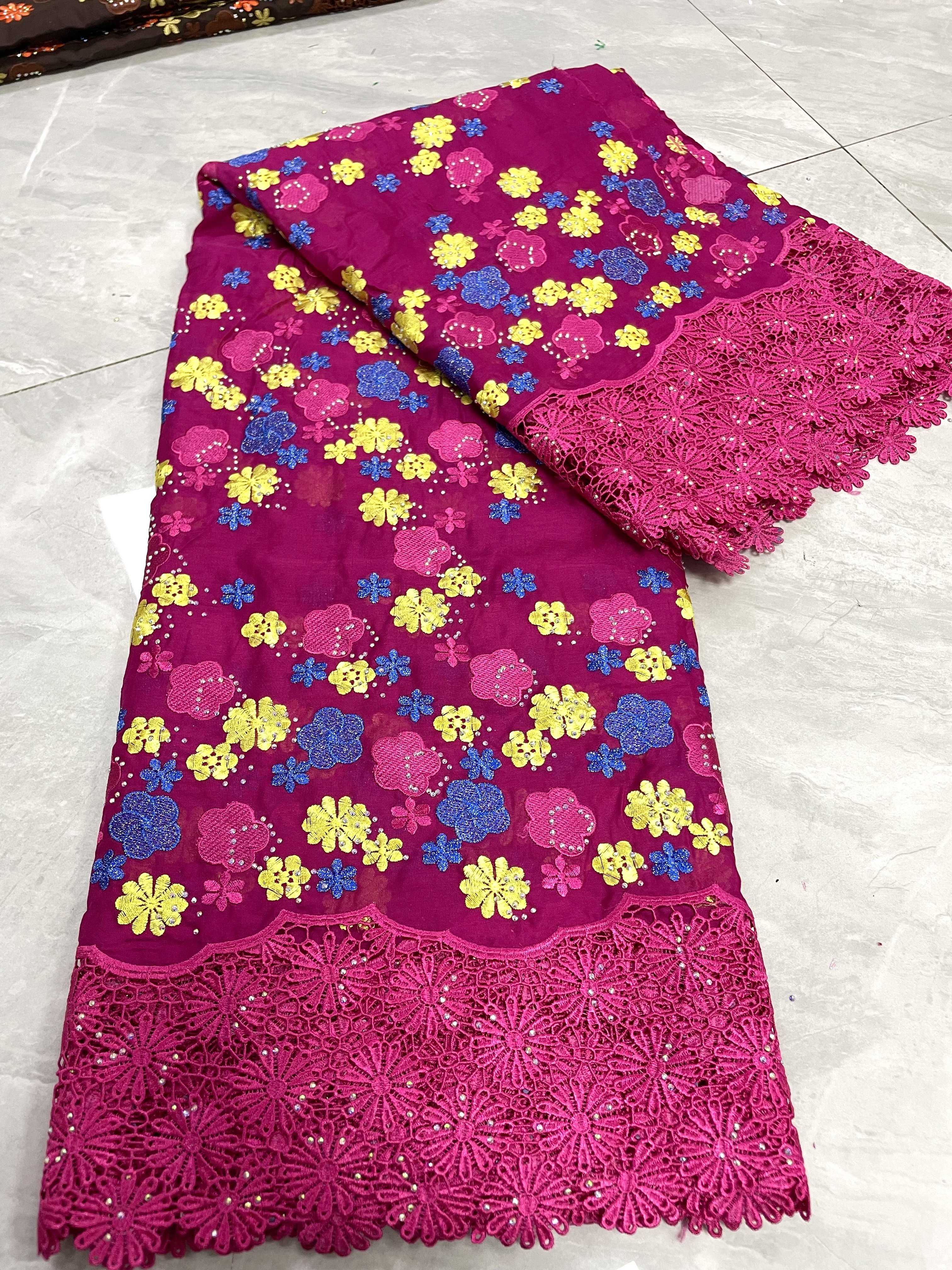 Cotton Lace With Rhinestones High quality 100% Voile Cotton Lace embroidered lace African Senegal Clothing Fabrics