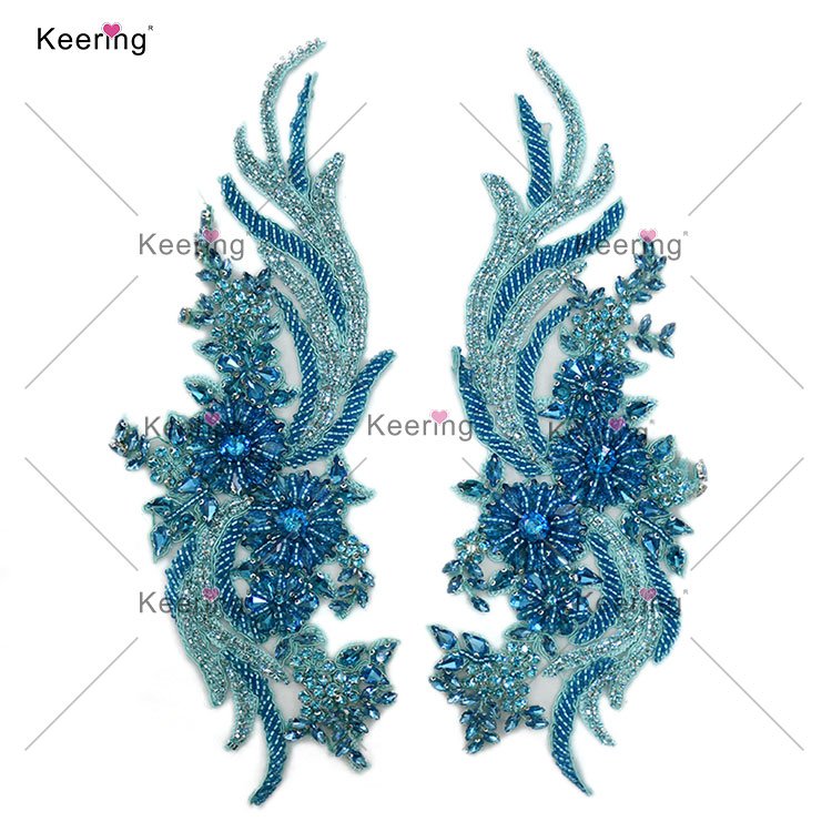 Keering Custom Green And Gold Patch On Rhinestone Crystal Neckline Applique For Evening Bridesmaid Gown WDP-303