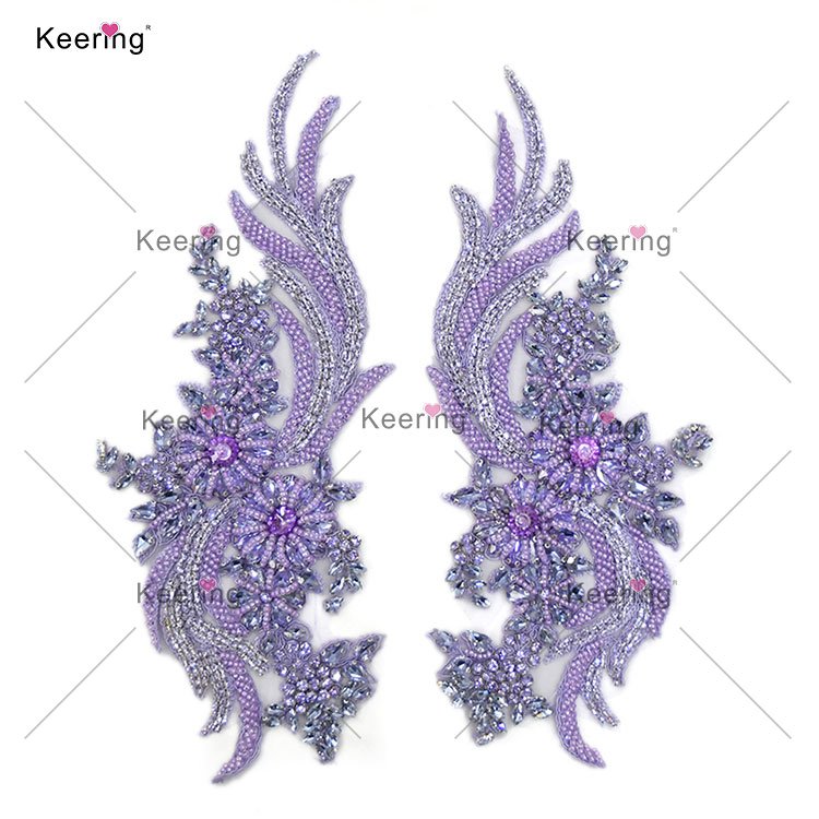 Keering Custom Green And Gold Patch On Rhinestone Crystal Neckline Applique For Evening Bridesmaid Gown WDP-303